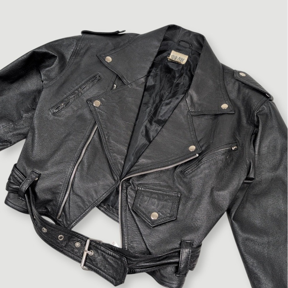 Vintage 90s Star Cody Leather Jacket Women Small Black Moto Biker Cropped Belt
